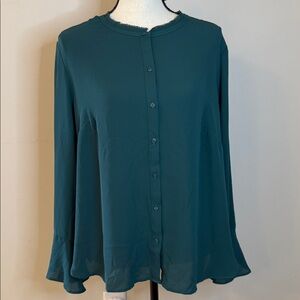 Violeta by Mango forest green contemporary boho blouse crewneck wide cuff SZ Med